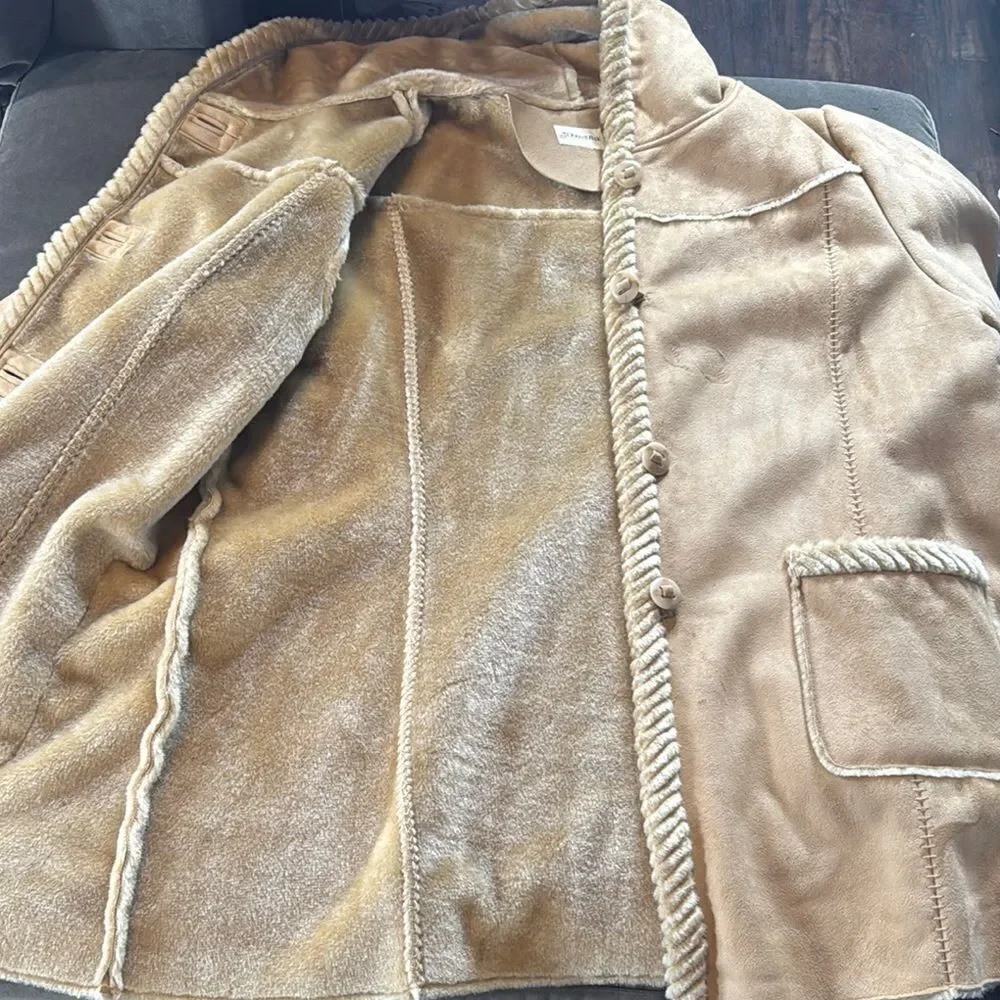 Women’s Vintage St John’s Bay Tan Faux Suede Hooded Coat Faux Fur Lined Size L